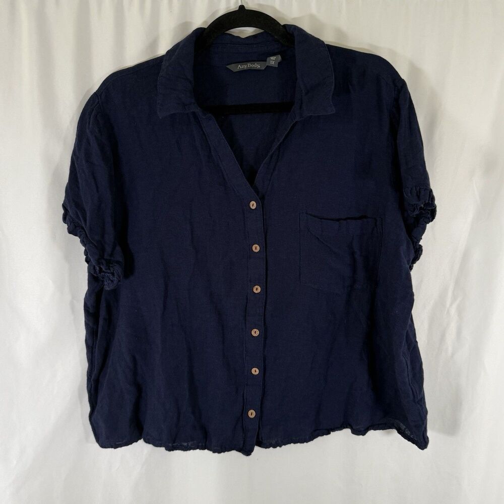 Any Body Blouse Women's 1X Blue Button Up Short Sleeve Cotton Linen Blend Solid